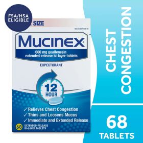 Mucinex 12 Hour Expectorant, OTC Medicine for Excess Mucus Relief, Chest Congestion, FSA, 68 Tablets